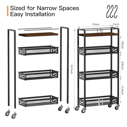 DGSNADGO Slim Rolling Storage Cart, 4-Tier Kitchen... (Metal, Wood)