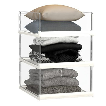 Covetree 3 Pack Stackable Closet Organizers and Storage Shelves - Transparent Sweater Organizer for Closet, Bathroom, Kitchen, Cupboard, Laundry Room, and Office