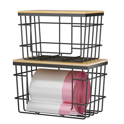 2 Pack Trash Bag Holder, Extra Large Garbage Bag Dispenser with Bamboo Top, Wall Mounted Stackable Trashbag Storage for Kitchen Laundry Room Under Sink Organization