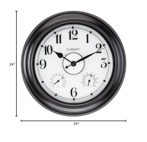 24 Inch Large Illuminated Outdoor Clocks Waterproof,IP65 Rating | Built In Adjustable Thermometer & Hygrometer, Bronze Black Metal, Weatherproof & Easy to Read for Patio, Pool & Home Decor