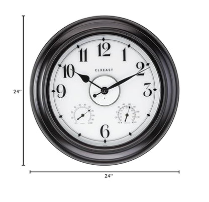 24 Inch Large Illuminated Outdoor Clocks Waterproof,IP65 Rating | Built In Adjustable Thermometer & Hygrometer, Bronze Black Metal, Weatherproof & Easy to Read for Patio, Pool & Home Decor