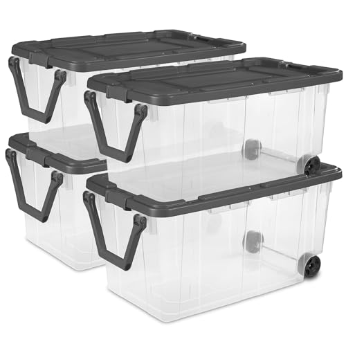 Sterilite 4-Pack Modular Stacker Box, Durable Clear Plastic Storage Bins with Latching Lids, 160 Quart - Stackable Organizing Container Boxes for Closet, Bathroom, and Office