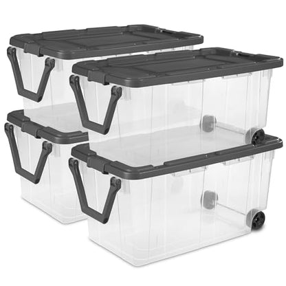 Sterilite 4-Pack Modular Stacker Box, Durable Clear Plastic Storage Bins with Latching Lids, 160 Quart - Stackable Organizing Container Boxes for Closet, Bathroom, and Office