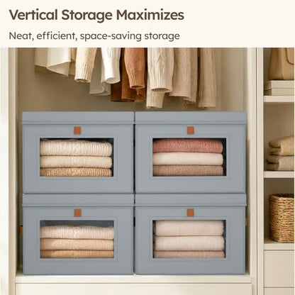 Storage Bins with Lids - Front Opening Storage Box with Clear Window & Handles, Stackable Foldable Fabric Bins for Closet Organization, Clothes, Sweaters, Towels, Blankets, 3 Pack, Grey