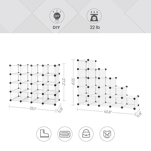 SONGMICS Shoe Rack with 16 Cubes, Interlocking Plastic Shoe Organizer, DIY Storage Cabinet for Closet Entryway Bedroom Garage, Space Saving Design, 12 x 35.1 x 27.2 Inches, Transparent ULPC445W02
