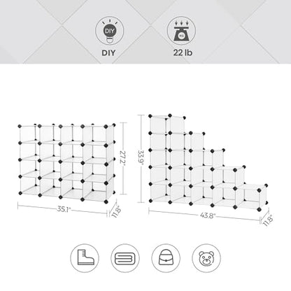 SONGMICS Shoe Rack with 16 Cubes, Interlocking Plastic Shoe Organizer, DIY Storage Cabinet for Closet Entryway Bedroom Garage, Space Saving Design, 12 x 35.1 x 27.2 Inches, Transparent ULPC445W02