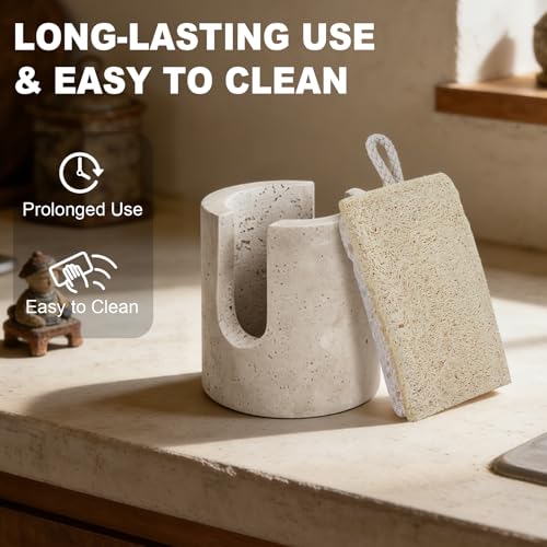 Natural Travertine Sponge Holder for Kitchen Sink Counter w A Plant-Based Kitchen Sponge, Fast Drying, Durable, Compact, Wabi-Sabi & Unique Sponge Caddy, Sink Organizer, Beige Travertine Home Decor