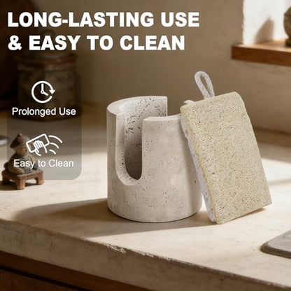 Natural Travertine Sponge Holder for Kitchen Sink Counter w A Plant-Based Kitchen Sponge, Fast Drying, Durable, Compact, Wabi-Sabi & Unique Sponge Caddy, Sink Organizer, Beige Travertine Home Decor
