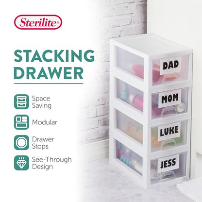 Sterilite 6-Pack Stacking Drawer, Clear Storage Closet Organizer, 6 Quart, White Frame - Stackable Plastic Drawers and Containers for Bedroom, Clothes, Dresser, Vanity, and Makeup Organization