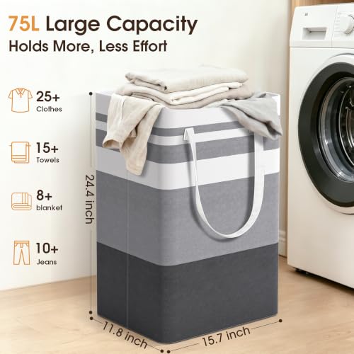 HomeHacks 2 Pack Large Laundry Baskets, Laundry Hampers Bags (Grey 75Lx2) | Waterproof, Freestanding, Collapsible Clothes Hamper with Reinforced Handles in Laundry Room, College Dorm, Bathroom, Bedroom