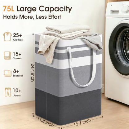 HomeHacks 2 Pack Large Laundry Baskets, Laundry Hampers Bags (Grey 75Lx2) | Waterproof, Freestanding, Collapsible Clothes Hamper with Reinforced Handles in Laundry Room, College Dorm, Bathroom, Bedroom