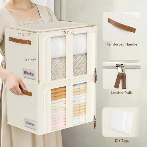 Clothes Storage Bins with Metal Frame, 4-Pack foldable storage bins with Lid, Closet Organizer for Sweaters, Blankets, and Winter Clothes,40L
