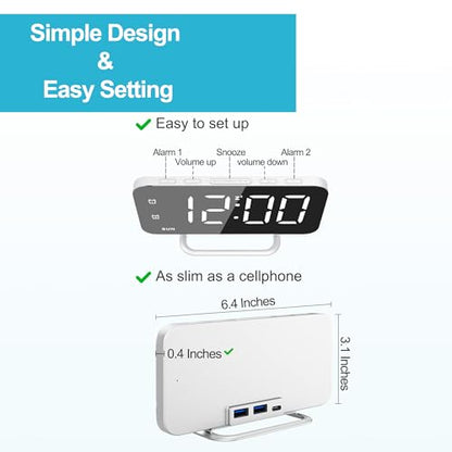 Slim LED Digital Alarm Clock, Mirror Surface for Makeup, with Diming, Large Display, Easy Setting, USB Charger Ports, Modern Bedroom, Desk, Office Living Room Decor, Christmas Birthday for Women Girl