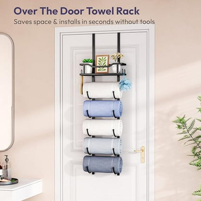Over the Door Towel Rack - 6 Tier Towel Racks for Bathroom Wall Mounted, Towel Holder with Shelf, Hanging Rolled Towel Storage Organizer for Small Bathroom, Camper, RV, Black