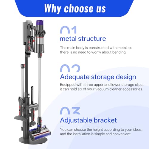 Nukisa Vacuum Stand Compatible with Dyson V15 V12 V11 V10 V8 V7, Metal Storage Holder for Cordless Vacuum & Accessories, The Vacuum Attachment Holder is Retractable Hanging Standing Dock Accessorise