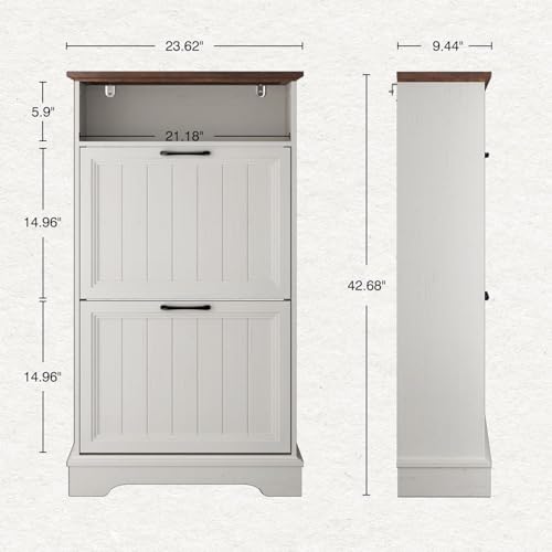 24" W Hidden Shoe Storage Cabinet with 2 Flip Drawers & Open Storage | Farmhouse Modern Shoes Rack Cabinet,Adjustable Shelves, Narrow Slim Shoes Organizer for Entryway,Foyer,Hallway,Antique White