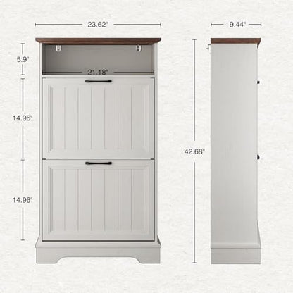 24" W Hidden Shoe Storage Cabinet with 2 Flip Drawers & Open Storage | Farmhouse Modern Shoes Rack Cabinet,Adjustable Shelves, Narrow Slim Shoes Organizer for Entryway,Foyer,Hallway,Antique White