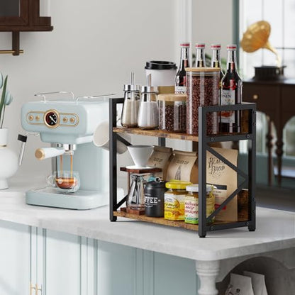 RUILALIFE 2 Tier Kitchen Counter Shelf Organizer, Coffee Bar Station Organizer for Countertop，Space Saving Spice Rack, Desk Shelf Riser, Coffee Bar Accessories(Rustic Brown, Medium)