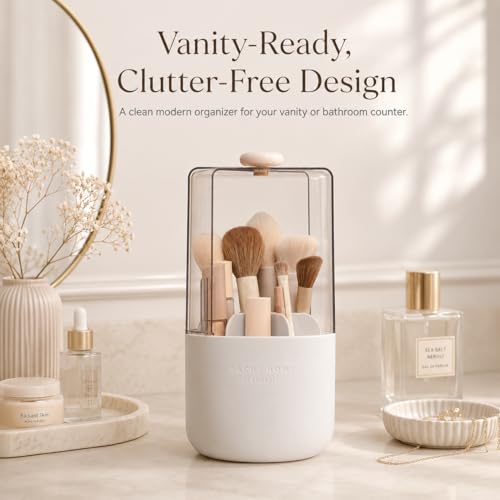 EACHY Makeup Brush Holder with Lid, 360° Rotating Vanity Organizer for Brushes, Dustproof Cosmetic Display Case, 7 Compartments, Waterproof Plastic (White)
