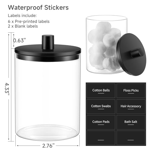 Glass Qtip Holder Dispenser - 10 oz Clear Canister Apothecary Jar, Bathroom Vanity Storage Organizer Set for Cotton Swabs, Pads, Floss Picks, Small Containers for Makeup Storage (4 Pack, Black)