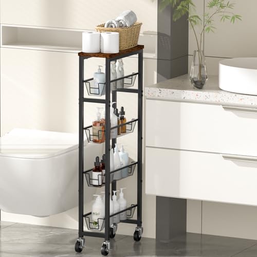 Honest Slim Storage Cart 4-Tier Slim Rolling Cart with Metal Frame and Wooden Top, 6.3 Inches, Storage Cart for Kitchen, Dining Room, Living Room, Bathroom, Home Office, Rustic Brown and Black
