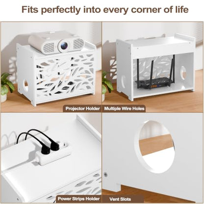 Router Box Hider & Projector Shelf -Decorative WiFi Router Storage Cabinet | Ventilation Cable Management Box Modem & Power Strip Hider Rack Leaf Pattern Cutout, Fits Routers Up to 9.84" Tall (White）