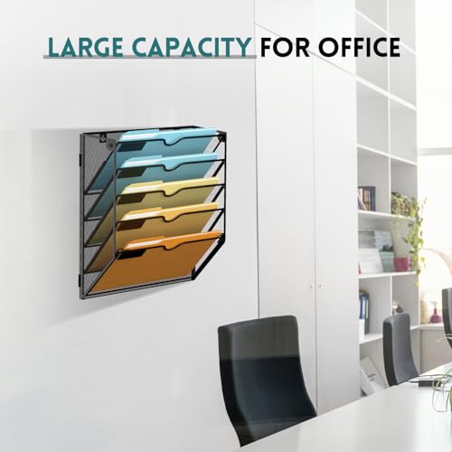 5 Tier Wall File Organizer, Hanging Wall Mounted Mail Organizer with Label Slots, Metal Mesh File Holder Magazine Rack for Office, Home, School or Classroom, Black