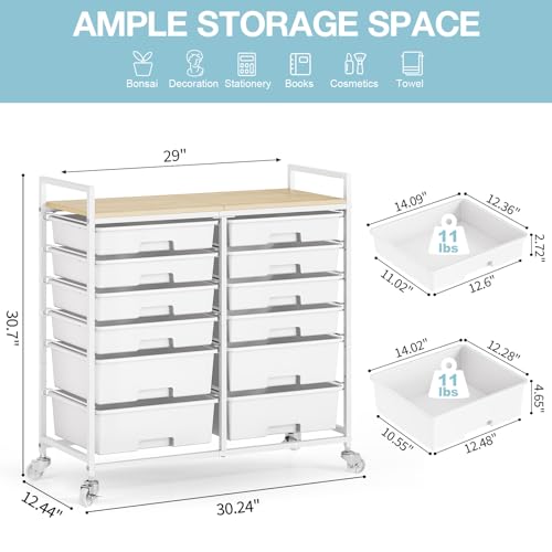 TOOLF 12 Drawers Rolling Storage Cart with Wooden Top for Classroom,White | Teacher Cart Craft Art Supply Organizer, Utility Cart with Lockable Wheels for Home Household Essentials, Office Organization