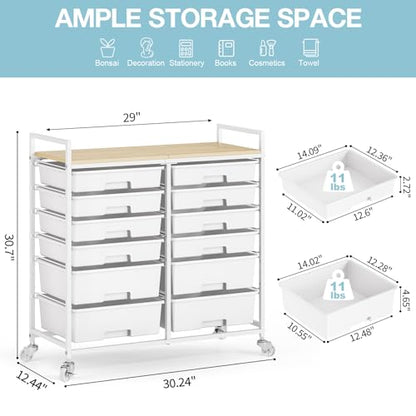 TOOLF 12 Drawers Rolling Storage Cart with Wooden Top for Classroom,White | Teacher Cart Craft Art Supply Organizer, Utility Cart with Lockable Wheels for Home Household Essentials, Office Organization