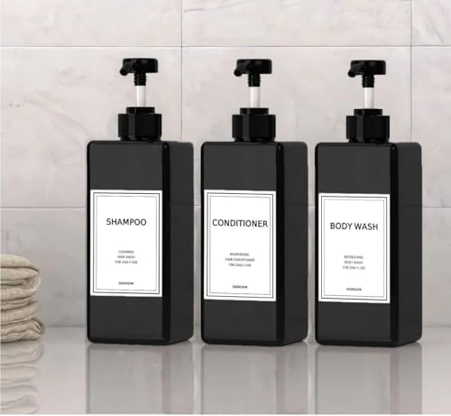 Modern Shampoo and Conditioner Dispenser (21 oz, Pack of 3) Refillable Pump Bottle Set Empty Shower Plastic Bottles with Pump for Bathroom Body Wash Soap and Shower (Black)