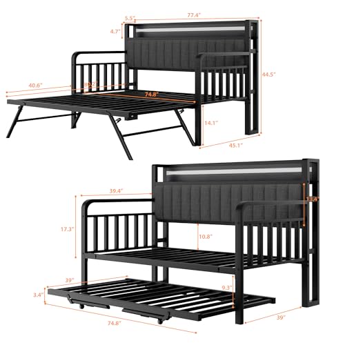 Daybed with Trundle and LED Light, Heavy Duty Metal Twin Bed Frame with Upholstered Storage Headboard & Charging Station, Day Bed Pop Up Trundle Bed Twin for Living Room,Bedroom and Guest Room, Black