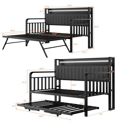 Daybed with Trundle and LED Light, Heavy Duty Metal Twin Bed Frame with Upholstered Storage Headboard & Charging Station, Day Bed Pop Up Trundle Bed Twin for Living Room,Bedroom and Guest Room, Black
