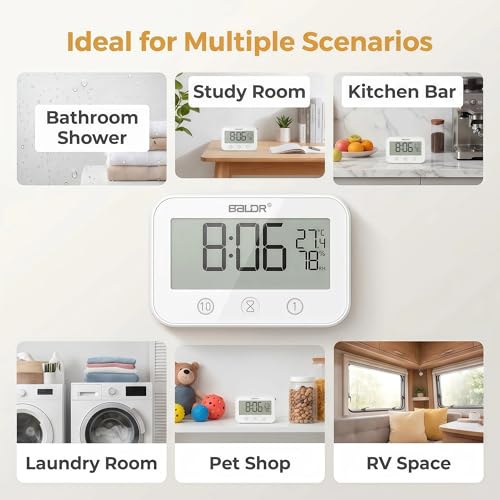Digital LCD Waterproof Timer Shower Clock, Waterproof for Water Spray, Bathroom Clock Wall Mount, Two Suction Cup, Displays Time, Temperature, and Indoor Relative Humidity (1, White)