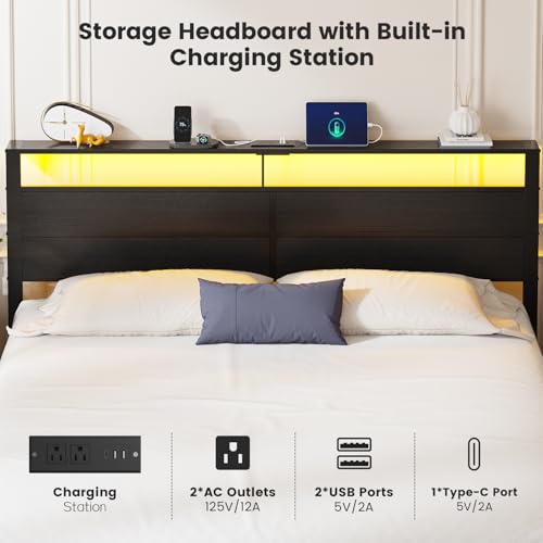 King Size Bed Frame with LED Lights and Charging Station | Black Metal Platform Bed with Wood Headboard, Sturdy Slats, No Box Spring Needed, Noise Free, Easy Assembly