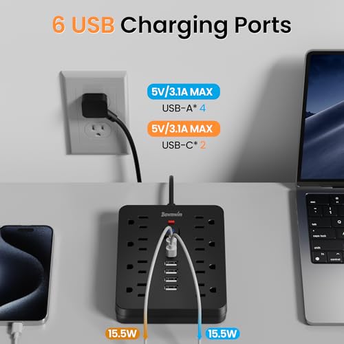 Surge Protector Power Strip, 8 Outlets(1850W/15A/14AWG), 6 USB Charging Ports(2 USB C), 6FT Flat Plug Extension Cord Outlet Extender with Overload Protection, ETL Certified for Office