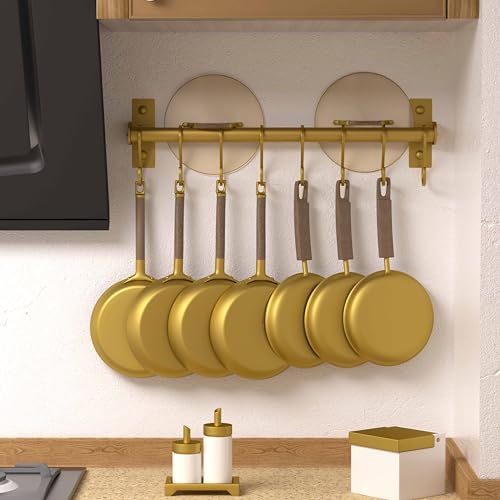 Kitchen Utensil Holder Hanger, Pot and Pan Rack Wall Mounted, Kitchen Rail with 8 Hooks for Hanging Cooking Utensils, Mugs, Spoons, Wall Mounted, Gold