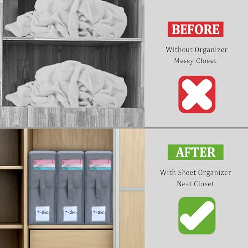 3 Pack Bed Sheet Organizers and Storage, Sheet Storage Foldable Sheet Organizer with Clear PVC, Linen Closet Organizer for Bed Sheets, Duvet Covers, Blankets, Pillowcases, Clothes