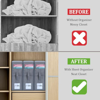 3 Pack Bed Sheet Organizers and Storage, Sheet Storage Foldable Sheet Organizer with Clear PVC, Linen Closet Organizer for Bed Sheets, Duvet Covers, Blankets, Pillowcases, Clothes