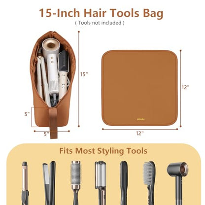 MOKURA Hair Tools Travel Bag with Heat Resistant Mat Fits Curling Iron | Hot Hair Accessories Organizer Case, Women Travel Essentials, Storage Pouch for Flat Iron Hair Dryer, Brown