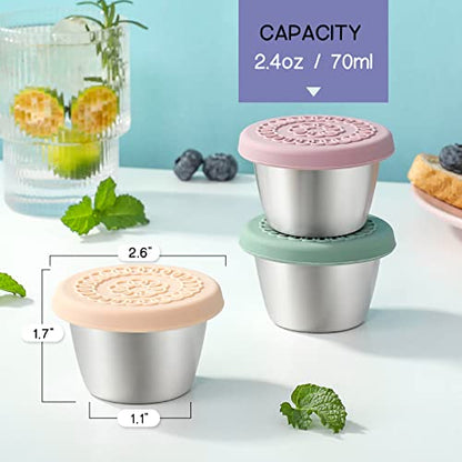 [8 Pack] Salad Dressing Container To Go, 2.4oz Small Condiment Containers with Leakproof Silicone Lids, Reusable Stainless Steel Sauce Cups for Lunch Bento Box, Picnic and Travel