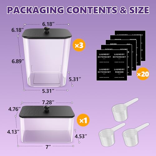 4 Pack Laundry Pods Container, Clear Laundry Room Organization Containers Essentials, Large Detergent Powder Storage Containers Black Wooden Lids & Labels Signs, Home Acrylic Laundry Pods Holder