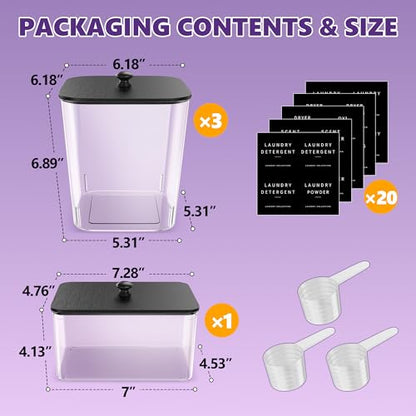 4 Pack Laundry Pods Container, Clear Laundry Room Organization Containers Essentials, Large Detergent Powder Storage Containers Black Wooden Lids & Labels Signs, Home Acrylic Laundry Pods Holder
