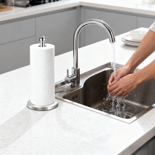 Paper Towel Holder Countertop, Freestanding Kitchen Paper Holder Stand, One-Handed Tear, Stainless Steel, Paper Towel Dispenser with Weighted Base for Standard Towel Rolls, Brushed Nickel