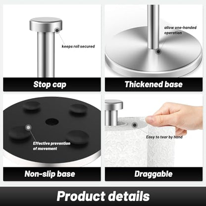 VEHHE Paper Towel Holder Countertop, Stainless Steel Paper Towel Holder Stand with Weighted Base Suction Cups, Standing Paper Towel Roll Holder for Kitchen Bathroom (Silver)