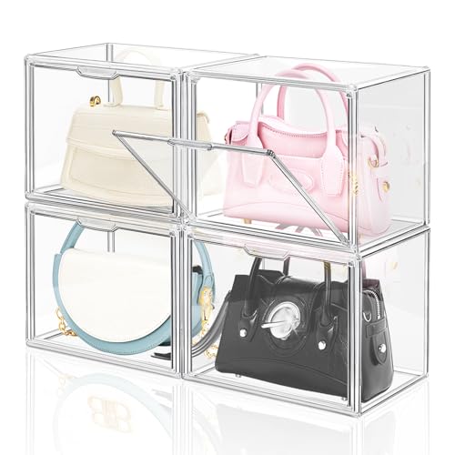 4 Packs Clear Plastic Handbag Storage Organizer for Closet Small | Acrylic Display Box for Handbag, Stackable Storage Boxes Bag Organizer with Magnetic Door for Purse Clutch Wallet Book