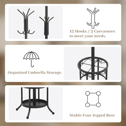 Coat Rack Freestanding with Umbrella Holder – Metal Hanger Stand, Hall Tree with 12 Hooks, Entryway Organizer for Hats, Bags, and Clothes (Black)