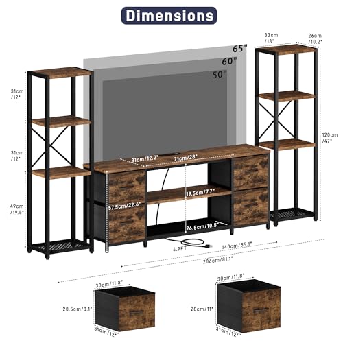 LED TV Stand Bookshelf Combo with Charging Station for 65 60 55 Inch TV, Entertainment Center with Lights & Drawers, Industrial Media TV Console Table for Living Room Bedroom Office, Rustic Brown