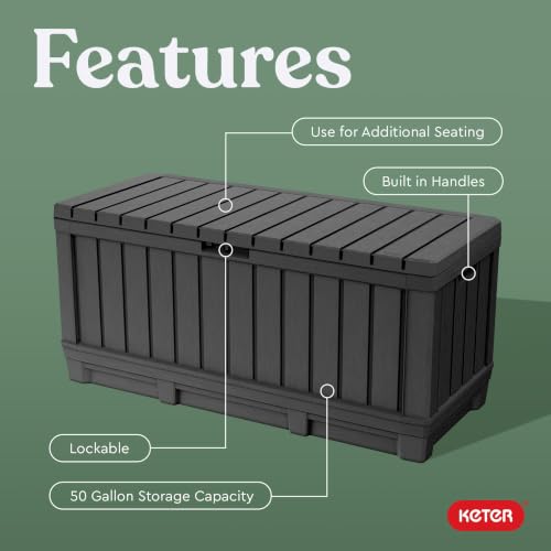 Keter Kentwood 92 Gal Outdoor Storage Box for Patio and Pool Accessories | Grey, Resin, Large, Weatherproof, Lockable, Durable, Easy Assembly, Organization, Patio Cushions Storage