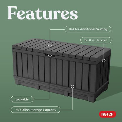 Keter Kentwood 92 Gal Outdoor Storage Box for Patio and Pool Accessories | Grey, Resin, Large, Weatherproof, Lockable, Durable, Easy Assembly, Organization, Patio Cushions Storage