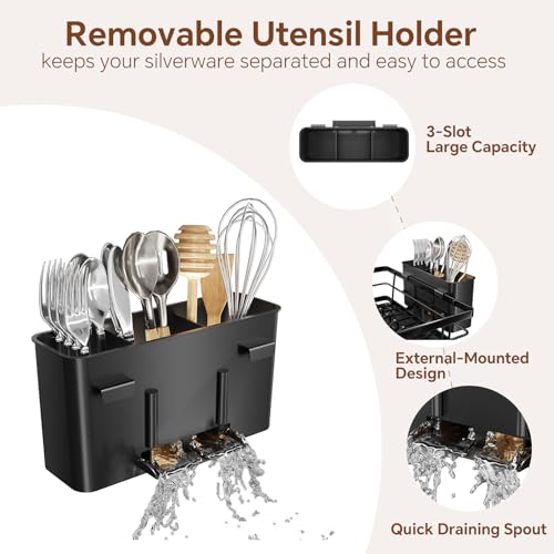 Simple Trending Dish Drying Rack for Kitchen Counter, Stainless Steel Dish Rack, Large Dish Drainer Organizer with Cutlery Holder & Cup Holders, Black